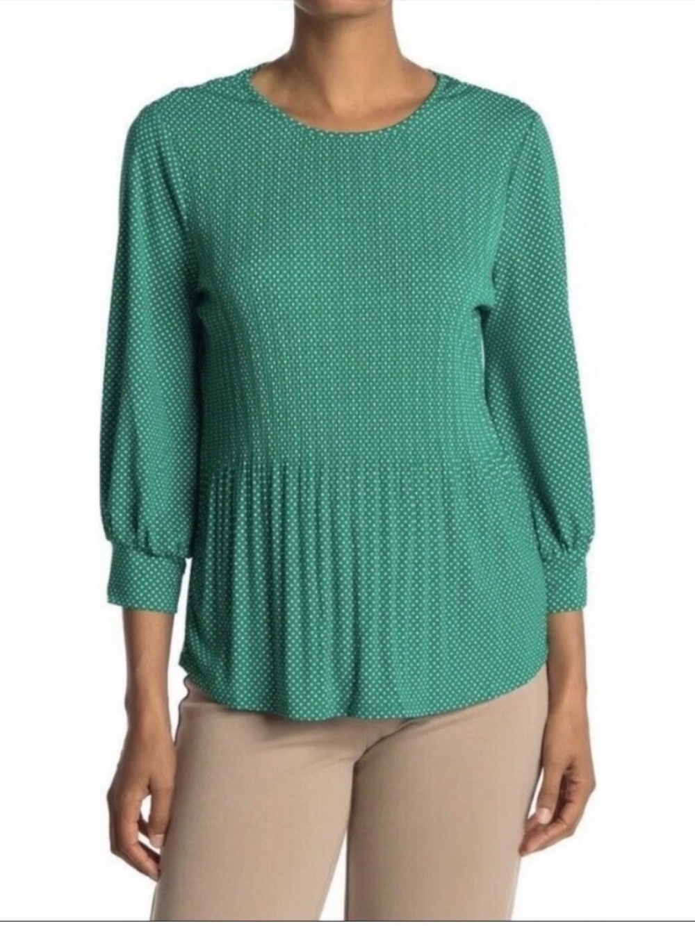 New Adrianna Papell Ruffled Neck Pleated Knit Green Polka Dot Top Size S